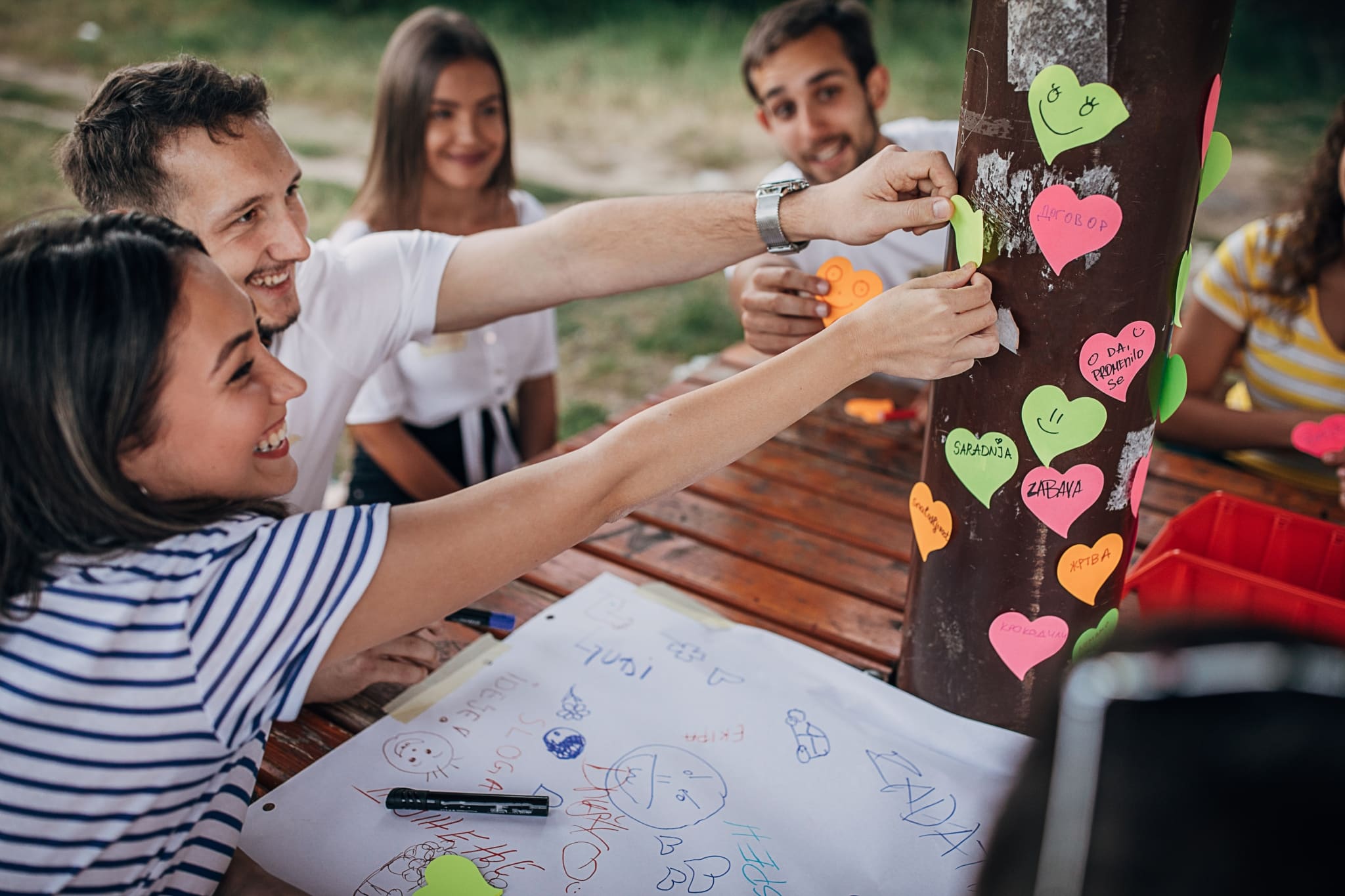 Gruppe junger Leute beim gemeinsamen Brainstorming/Arbeiten im Freien. Sie kleben Post-its an eine Säule und gestalten ein Plakat.